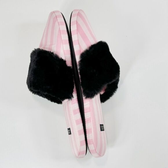 Victoria’s Secret Faux Fur Trim Striped Slippers Pink Black Large - Picture 5 of 11
